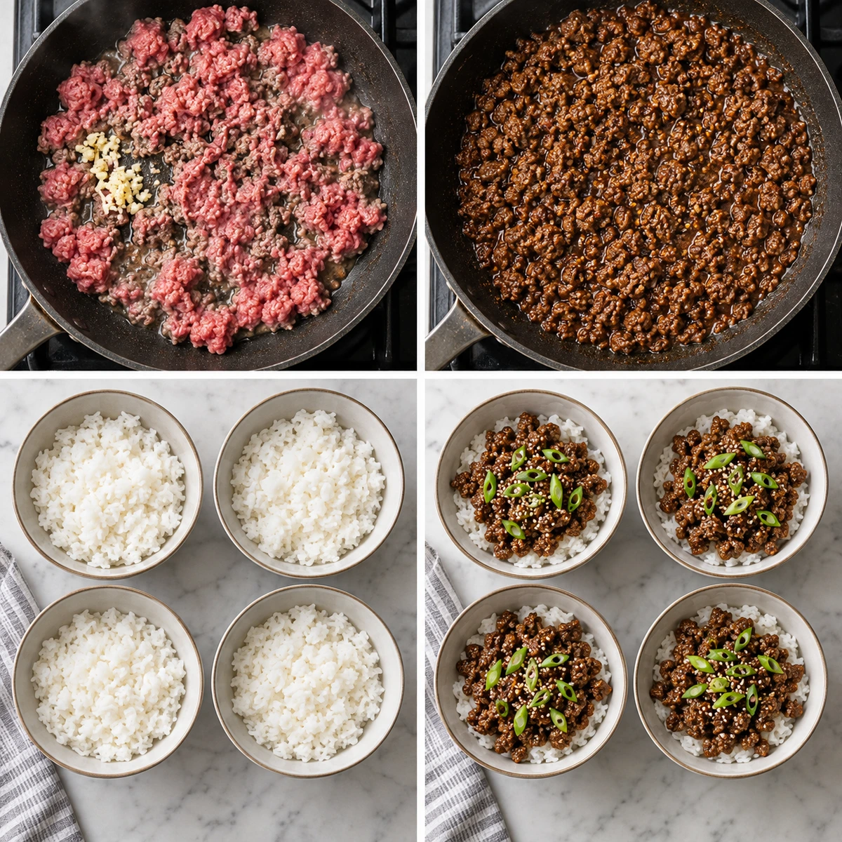Four chronological preparation stages for Korean Ground Beef and Rice Bowls