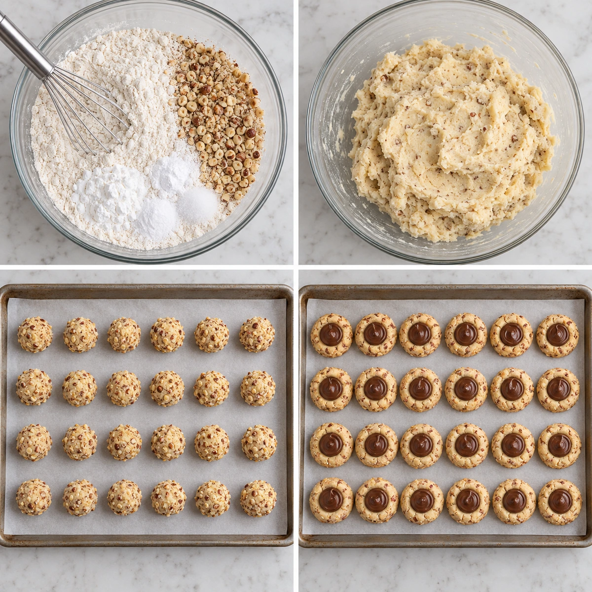Four chronological preparation stages for Nutella Thumbprint Cookies