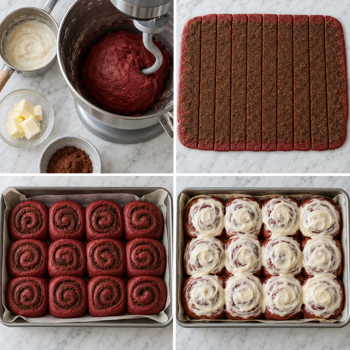 Four chronological preparation stages for Red Velvet Cinnamon Rolls From Scratch