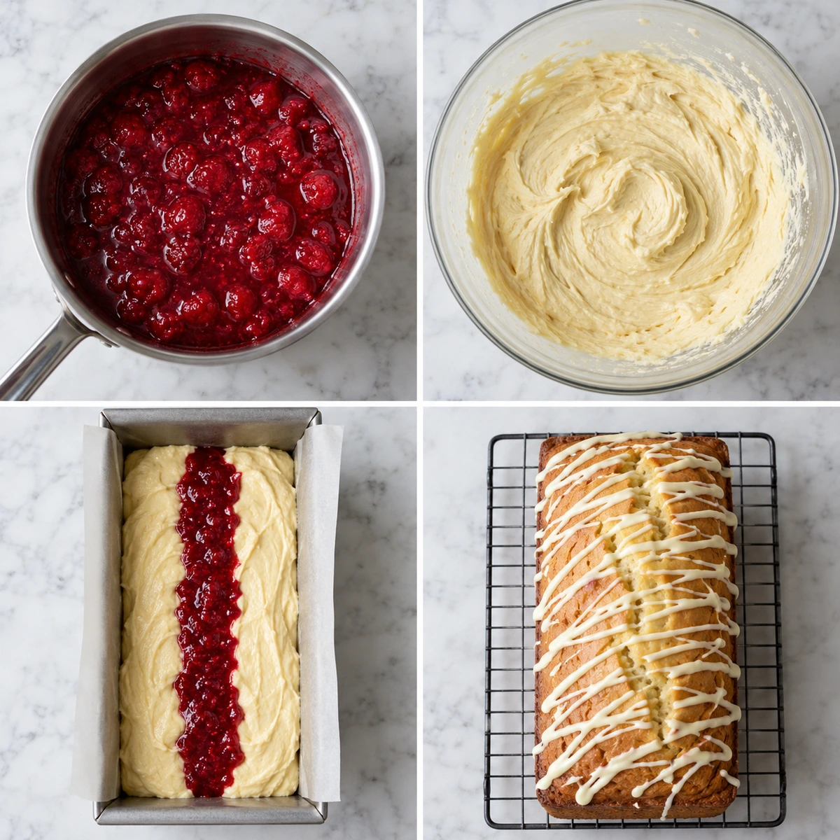 Four chronological preparation stages for White Chocolate and Raspberry Loaf Cake