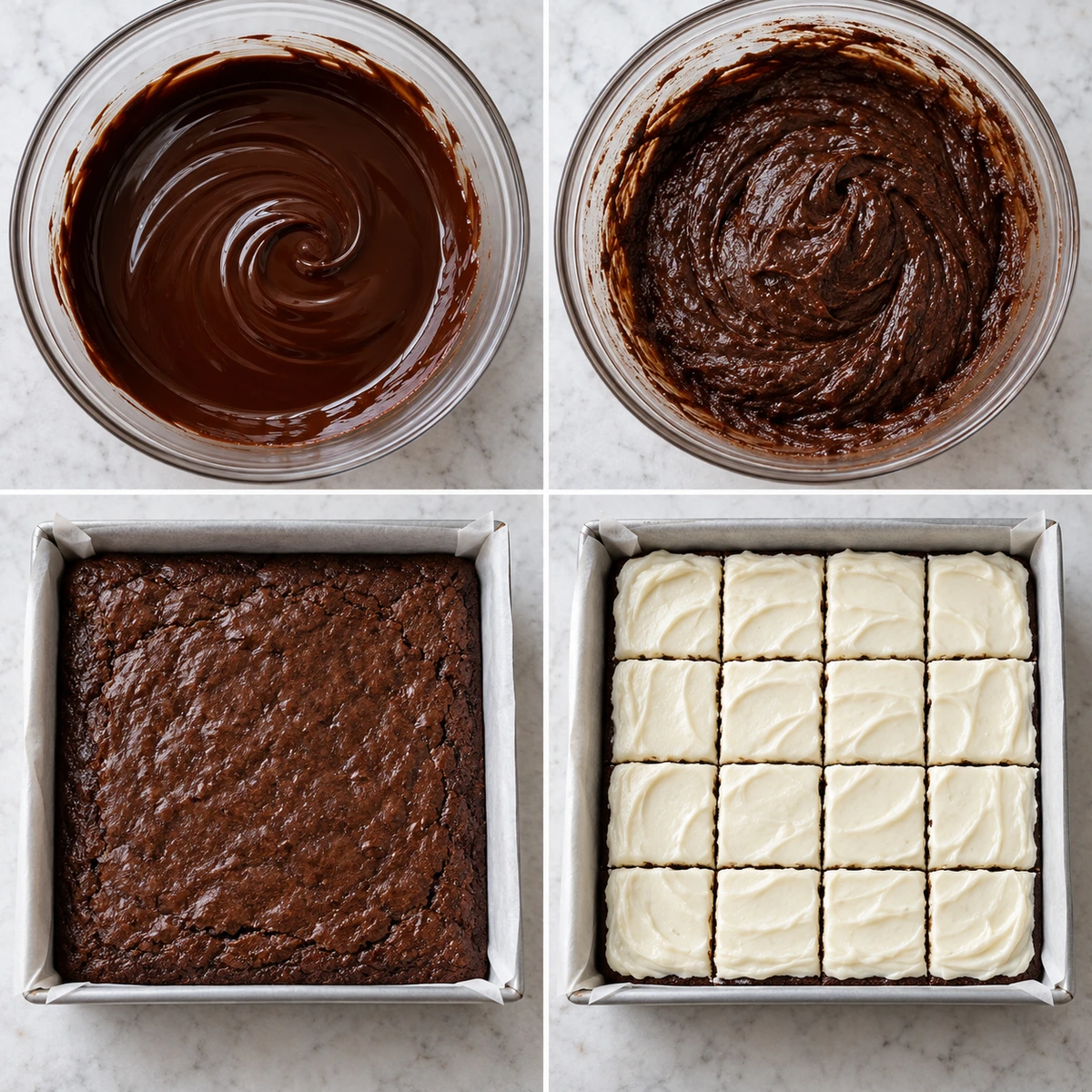 Four chronological preparation stages for Brownies with Cream Cheese Frosting
