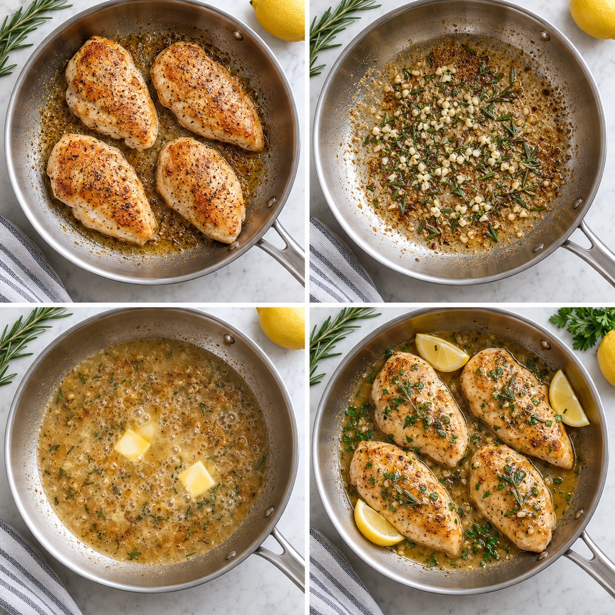 Four chronological preparation stages for Lemon Rosemary Chicken