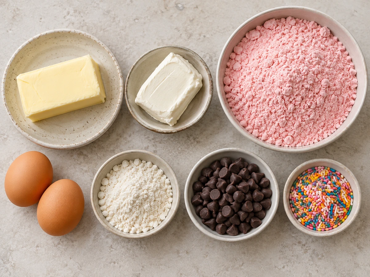 Exact measured ingredients for Strawberry Cake Mix Cookies