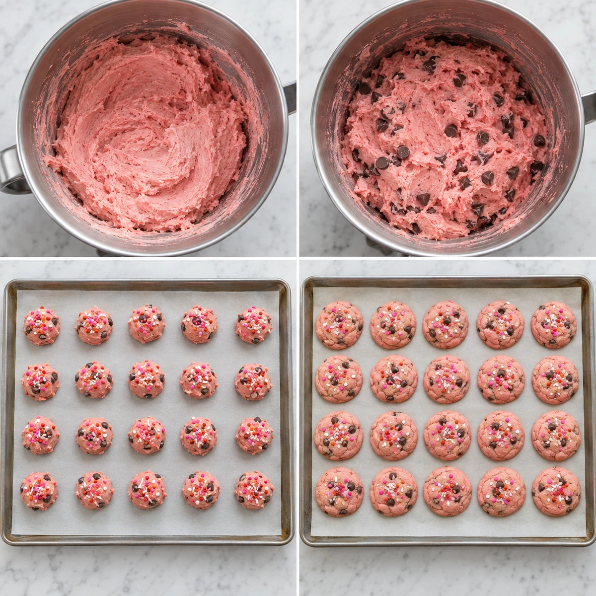 Four chronological preparation stages for Strawberry Cake Mix Cookies