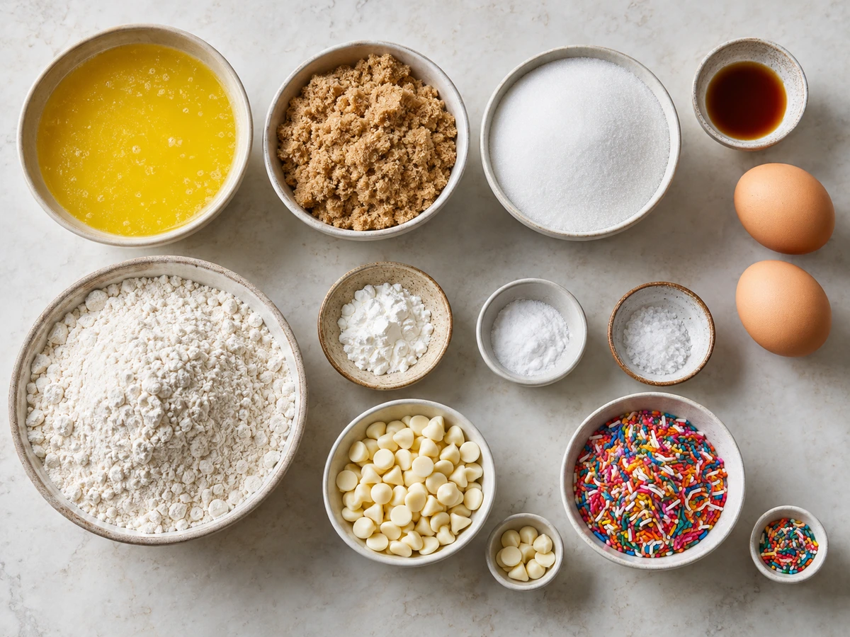 Exact measured ingredients for White Chocolate Confetti Cookies
