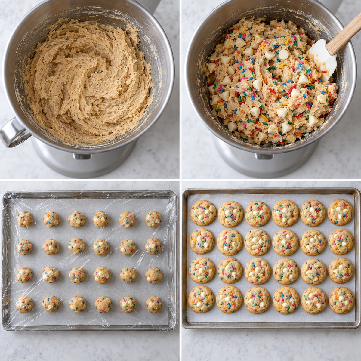 Four chronological preparation stages for White Chocolate Confetti Cookies