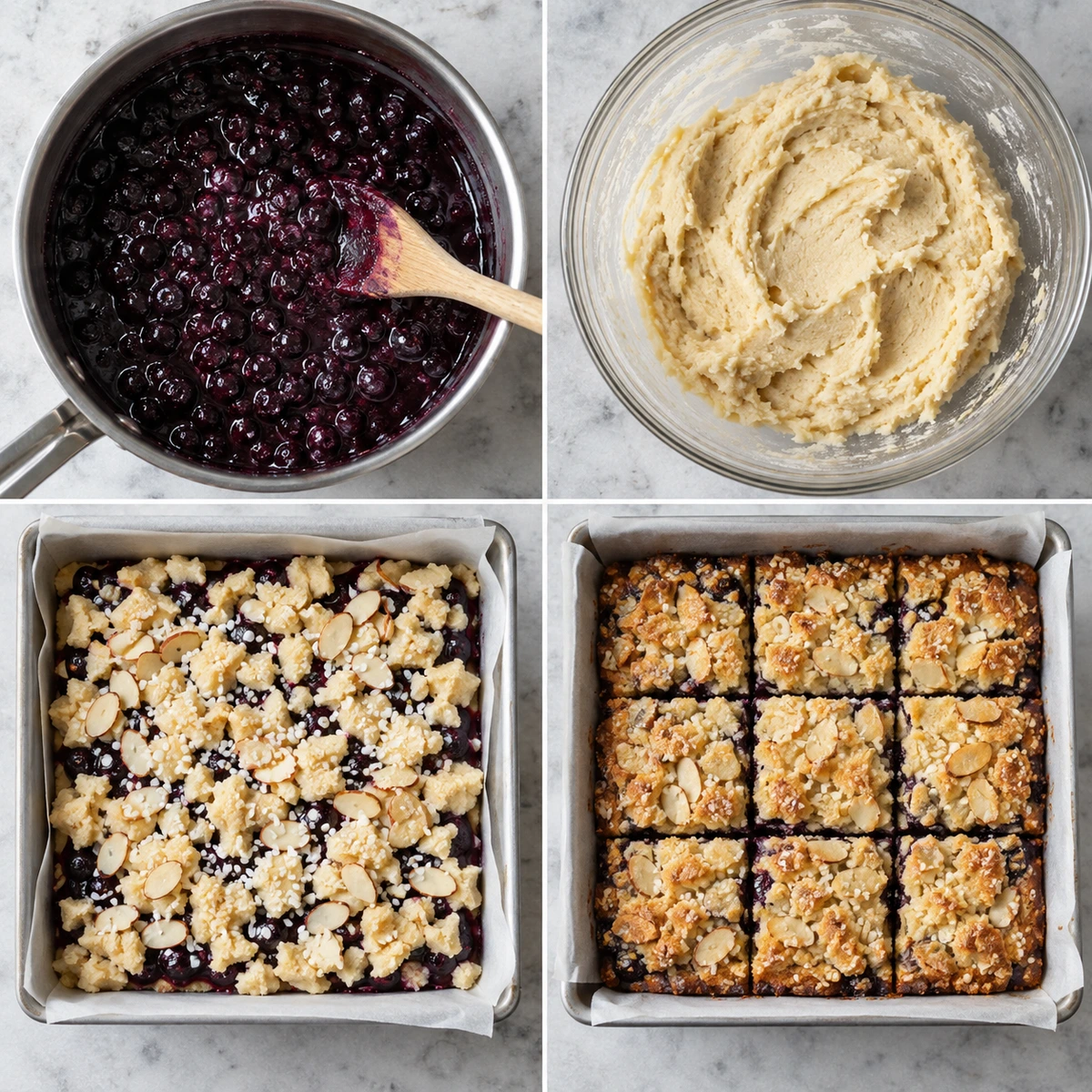 Four chronological preparation stages for Blueberry Pie Cookie Bars