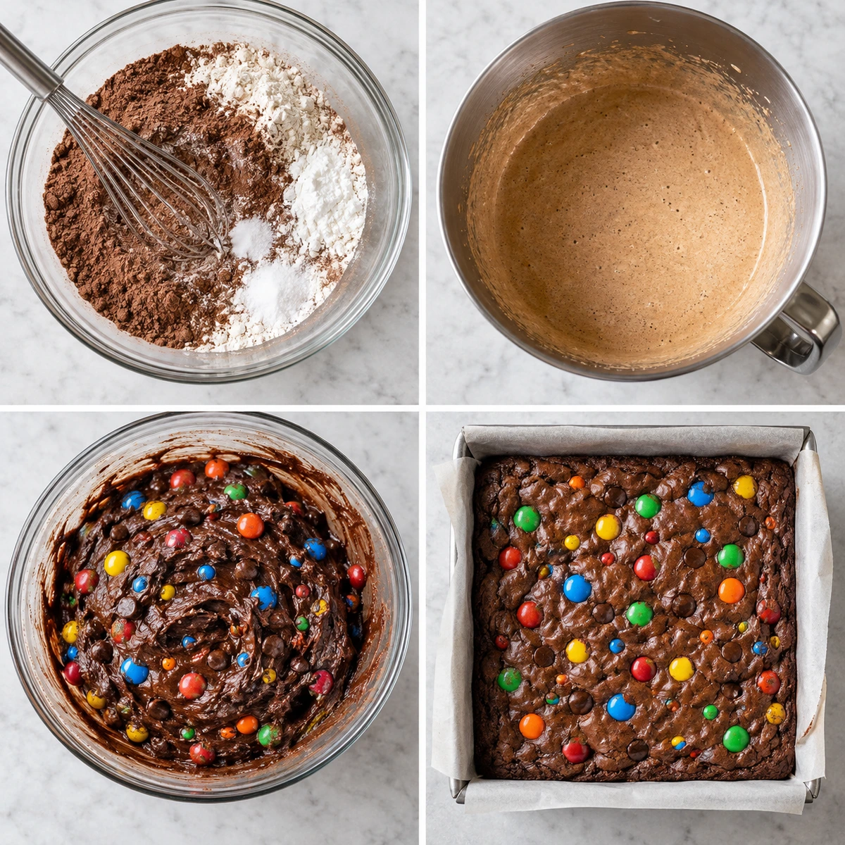 Four chronological preparation stages for Easy Fudgy M&M Brownies