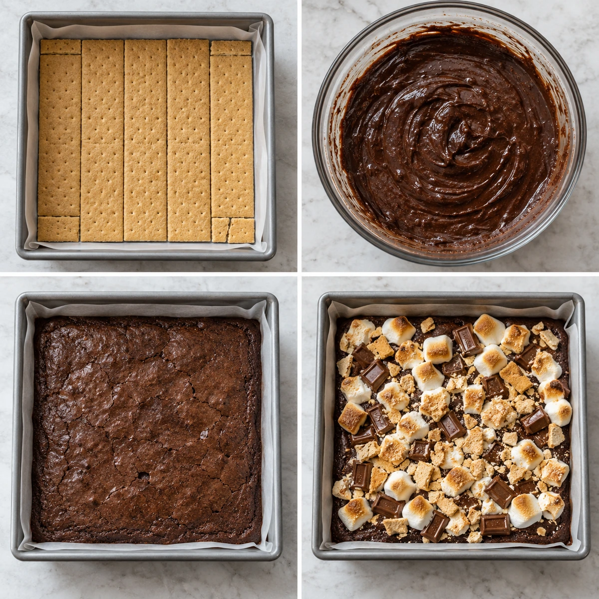 Four chronological preparation stages for S'mores Brownies