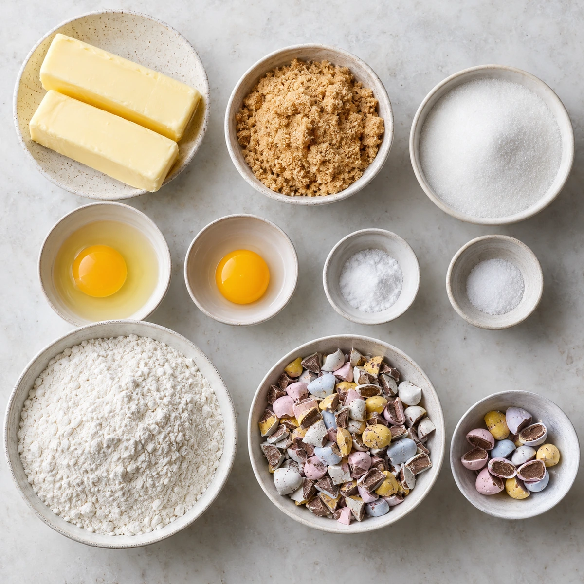 Exact measured ingredients for Mini Egg Thick Chocolate Chip Cookies