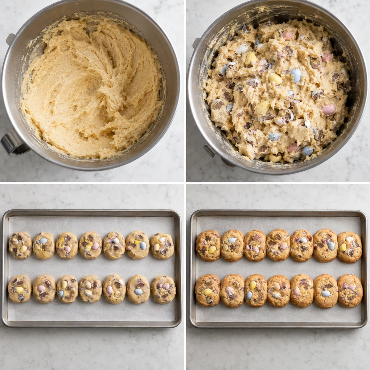 Four chronological preparation stages for Mini Egg Thick Chocolate Chip Cookies