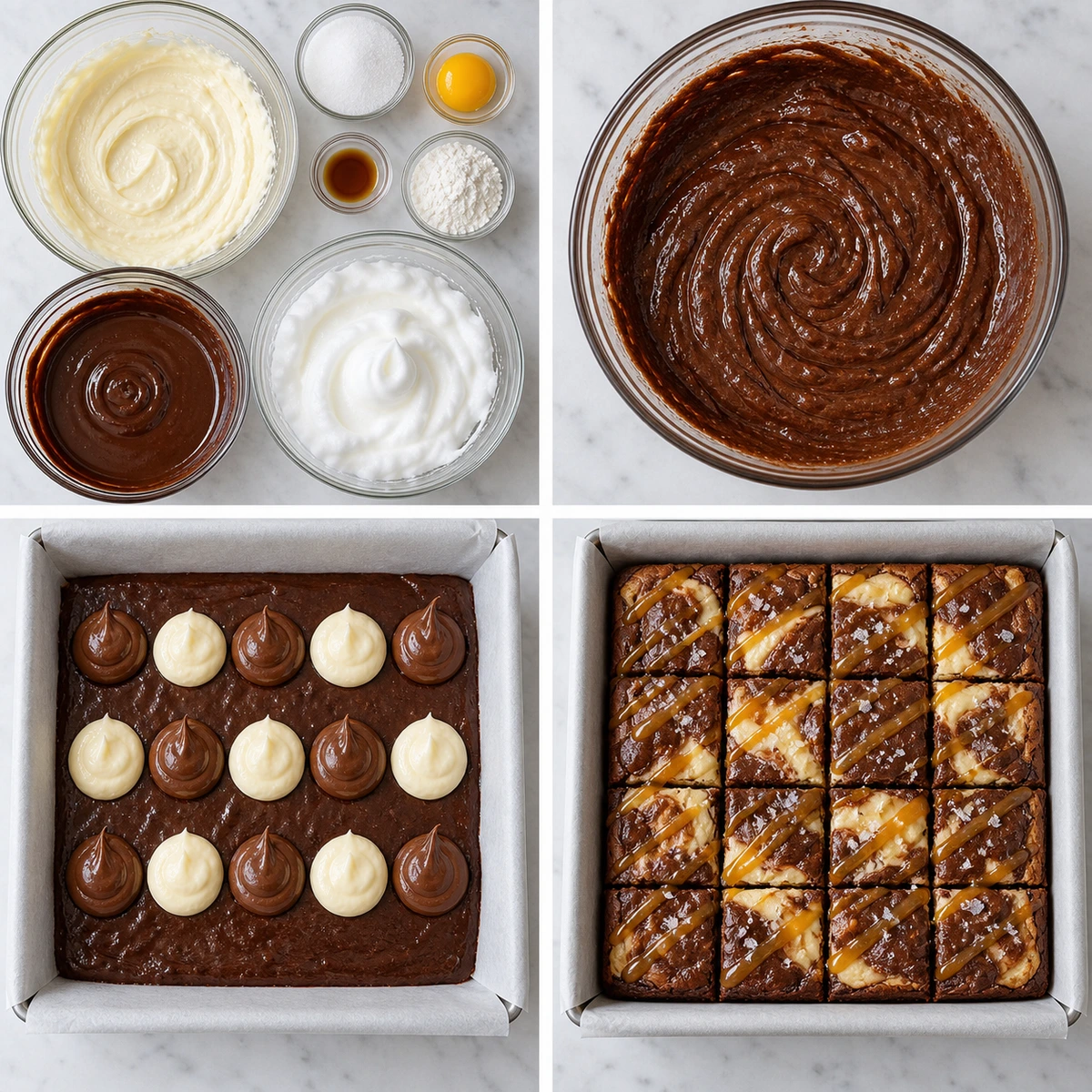 Four chronological preparation stages for Caramel Cheesecake Nutella Brownies