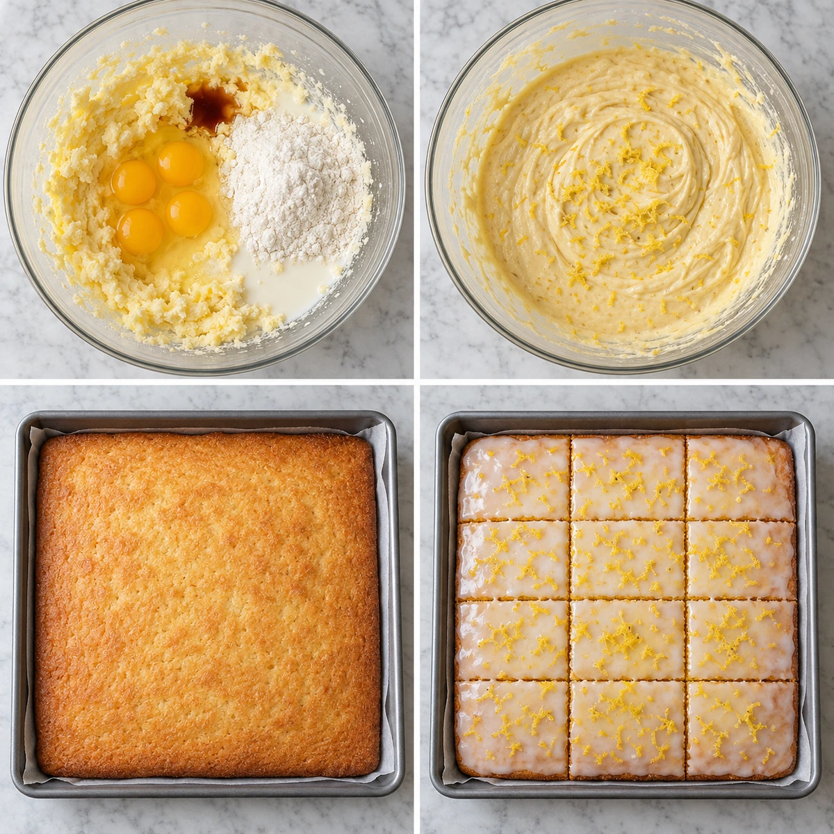 Four chronological preparation stages for Easy Lemon Drizzle Traybake Cake