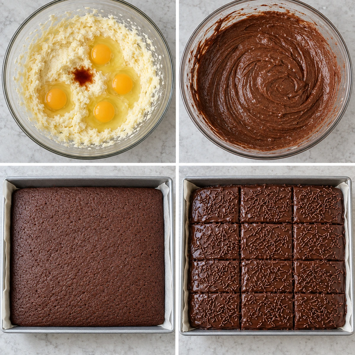 Four chronological preparation stages for Old School Chocolate Traybake Cake