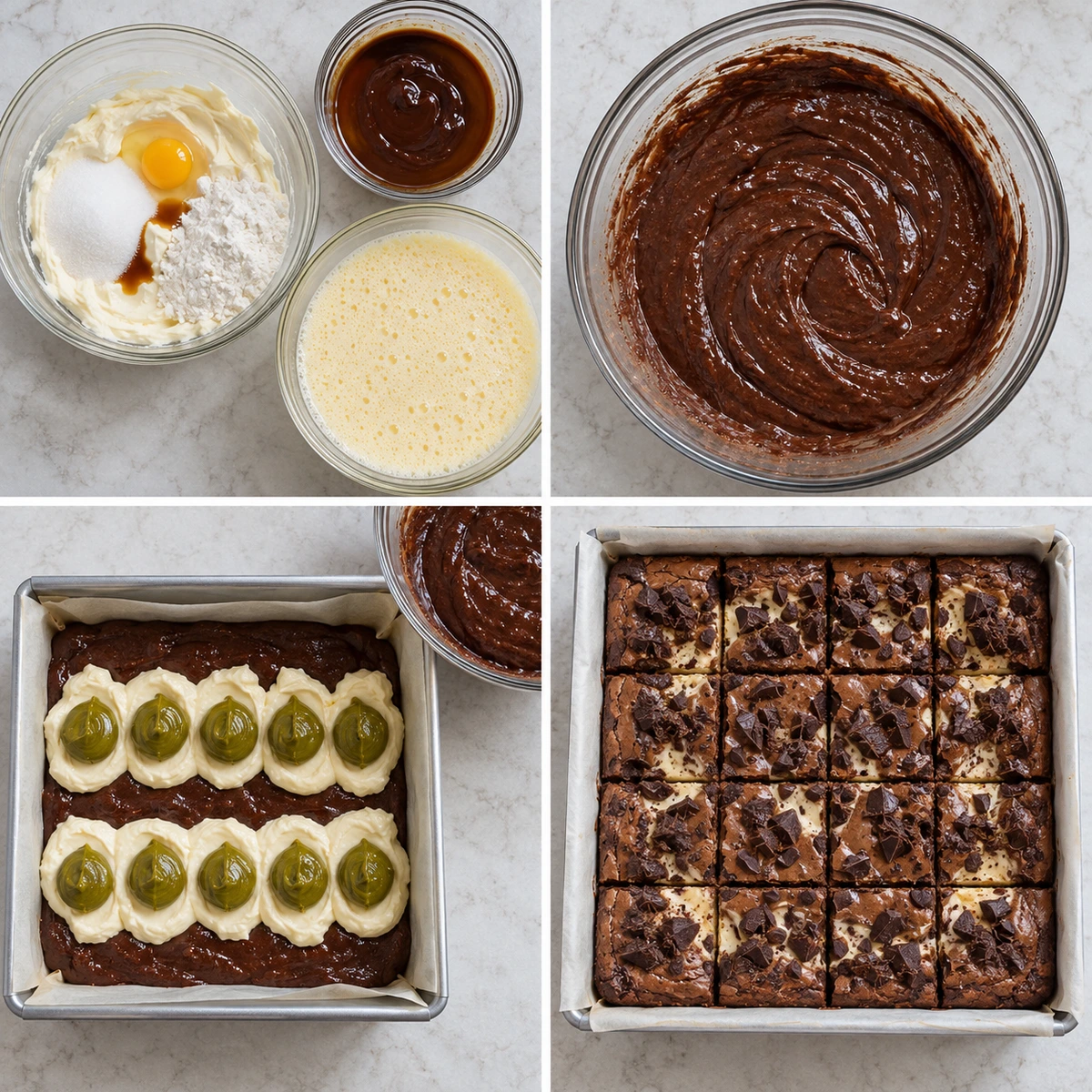 Four chronological preparation stages for Pistachio Cheesecake Brownies