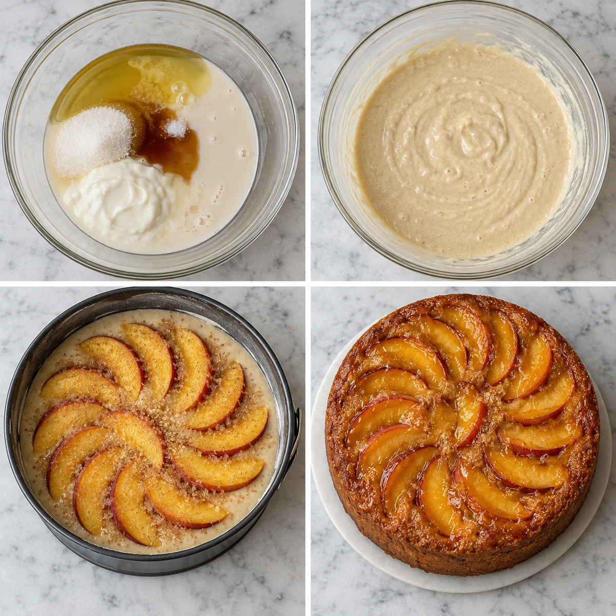 Four chronological preparation stages for Vegan Peach Coffee Cake