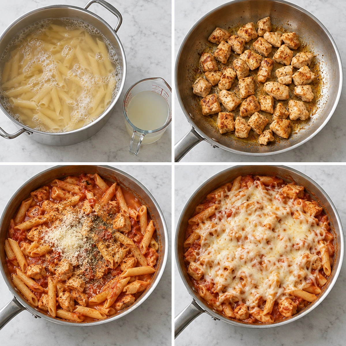 Four chronological preparation stages for Chicken Parmesan Pasta Skillet