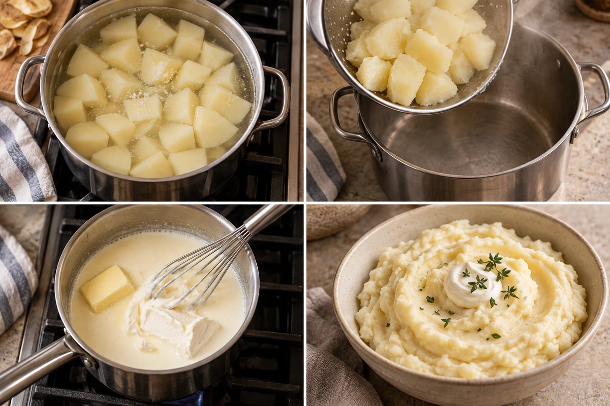 Four chronological preparation stages for Creamy Mashed Potatoes with Heavy Cream