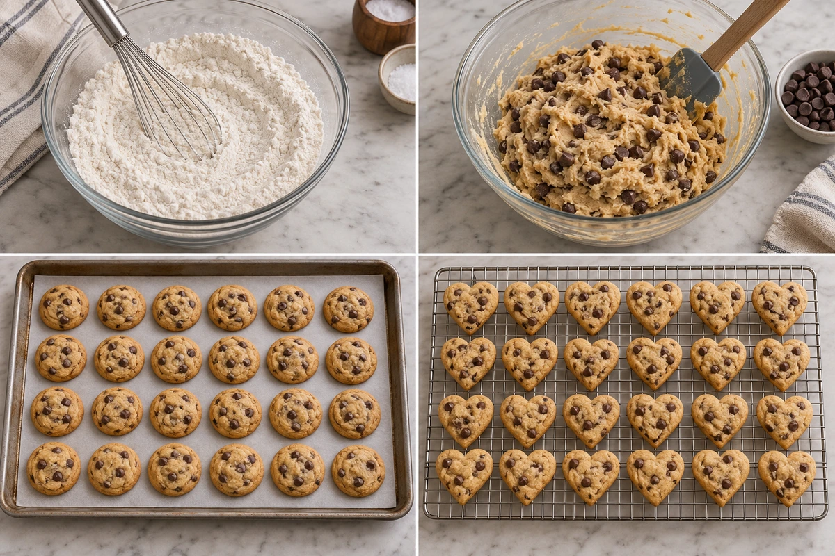 Four chronological preparation stages for Easy Heart Shaped Chocolate Chip Cookies