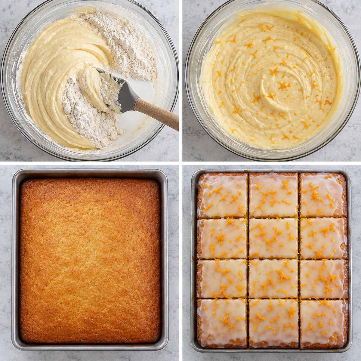 Four chronological preparation stages for Orange Drizzle Traybake Cake
