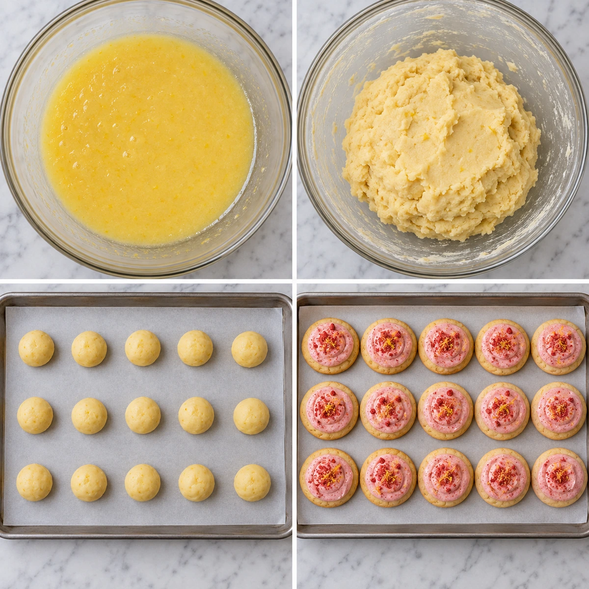 Four chronological preparation stages for Strawberry Lemonade Cookies