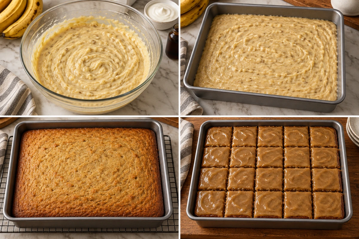 Four chronological preparation stages for Banana Bread Brownies Homemade