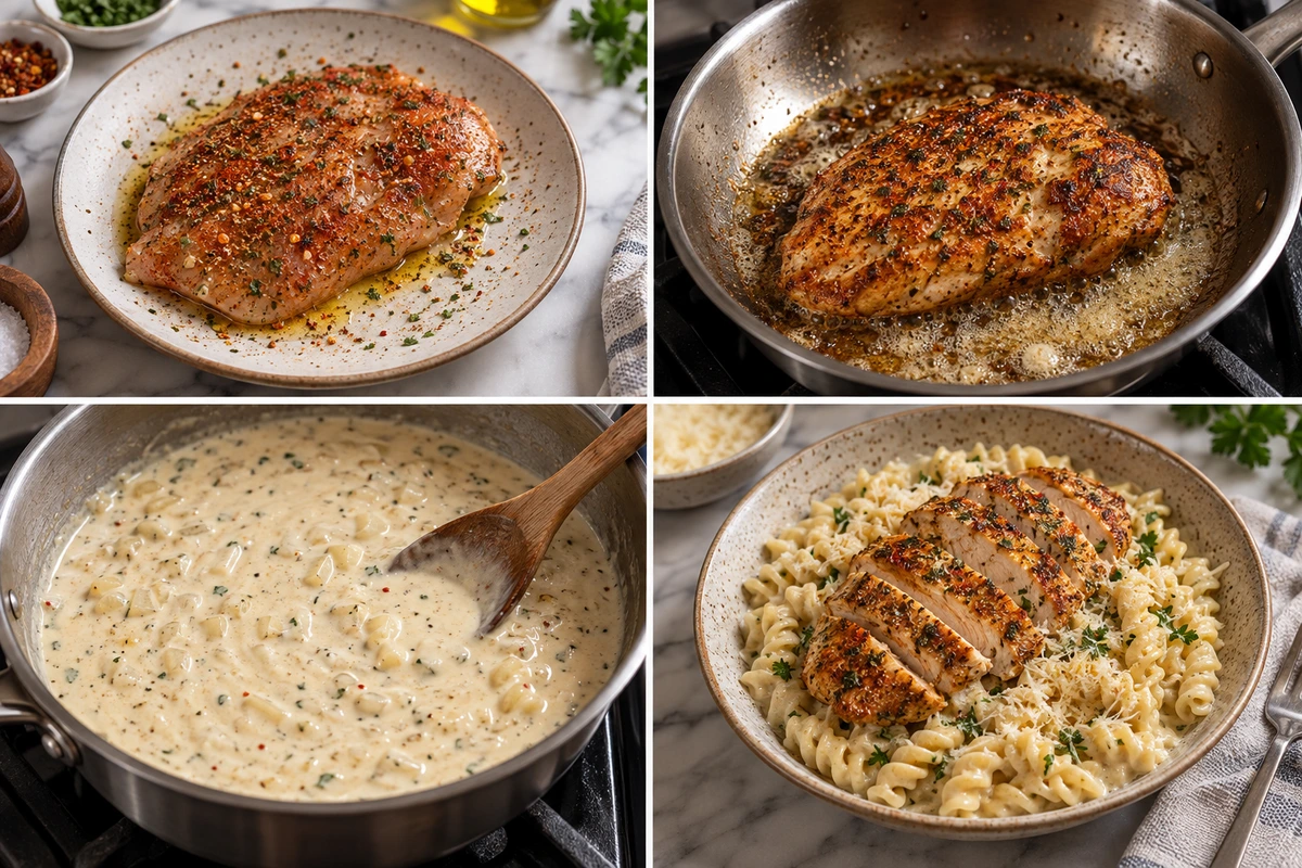 Four chronological preparation stages for Creamy Chicken Garlic Parmesan Pasta