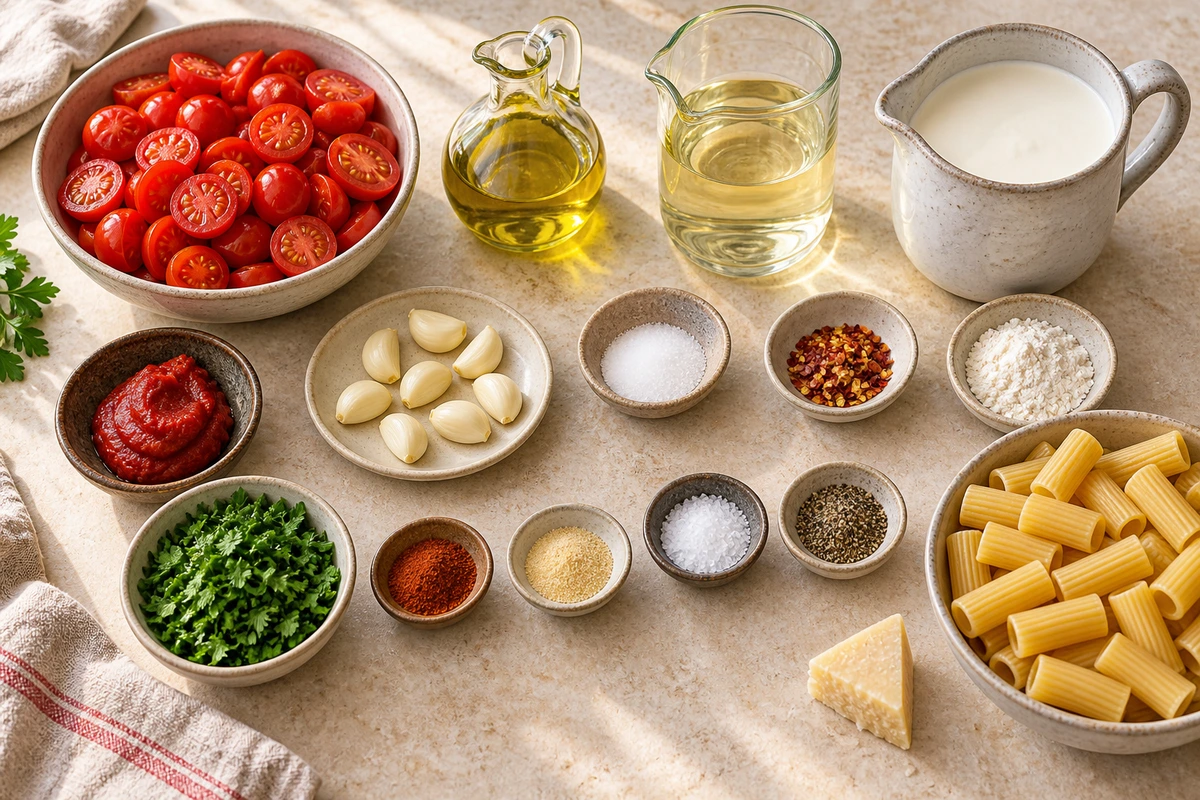 Exact measured ingredients for Creamy Tomato Garlic Pasta