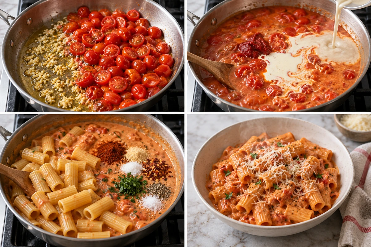 Four chronological preparation stages for Creamy Tomato Garlic Pasta