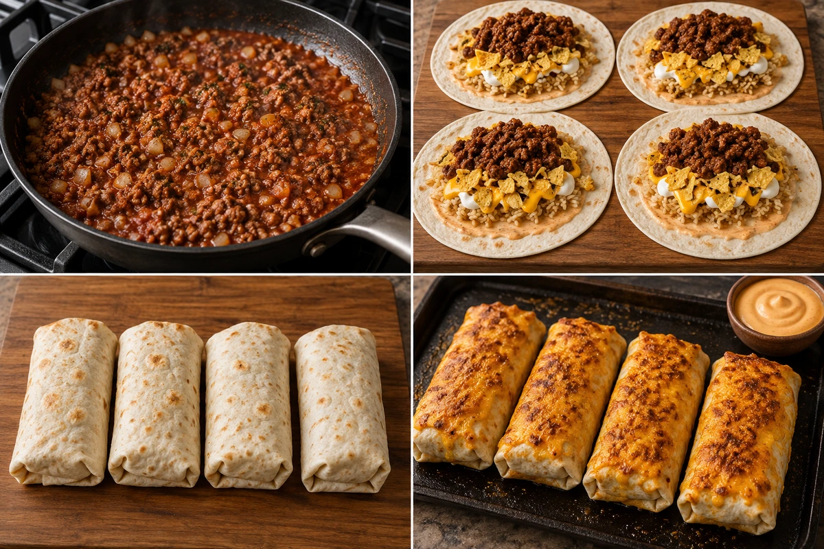 Four chronological preparation stages for Grilled Cheese Burrito