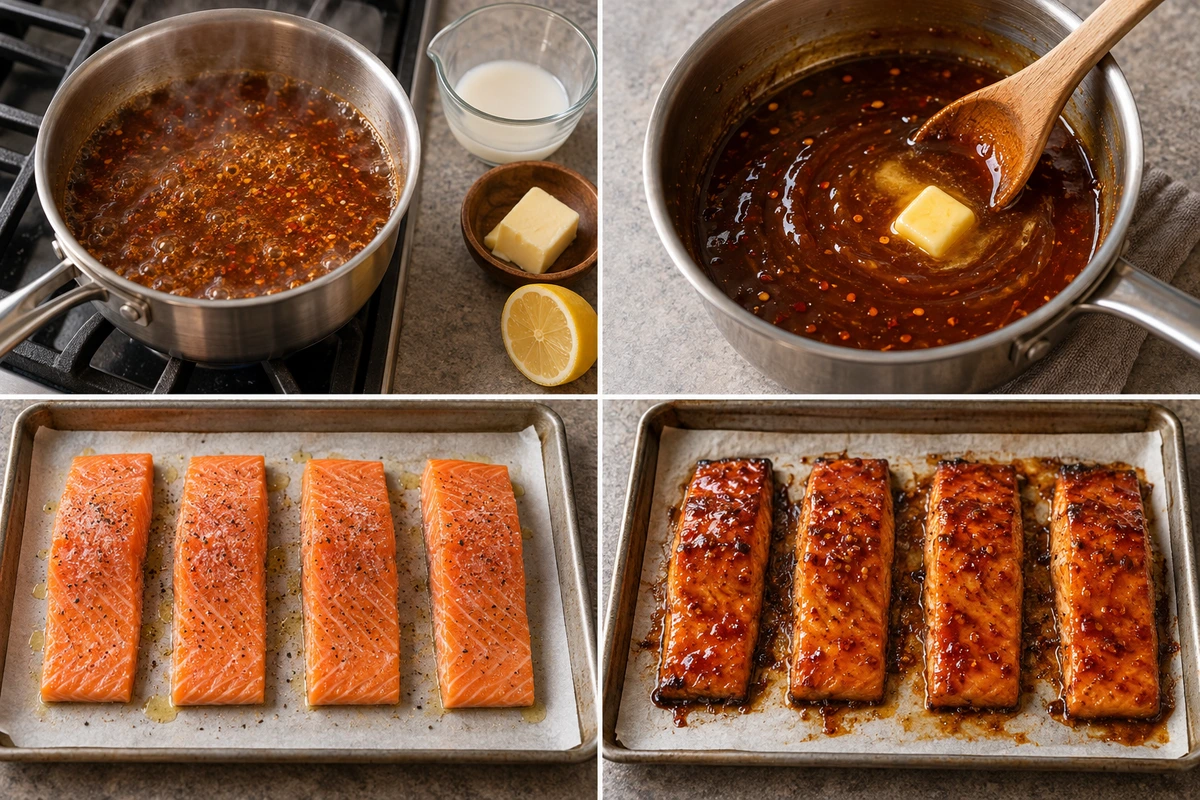 Four chronological preparation stages for Hot Honey Glazed Salmon