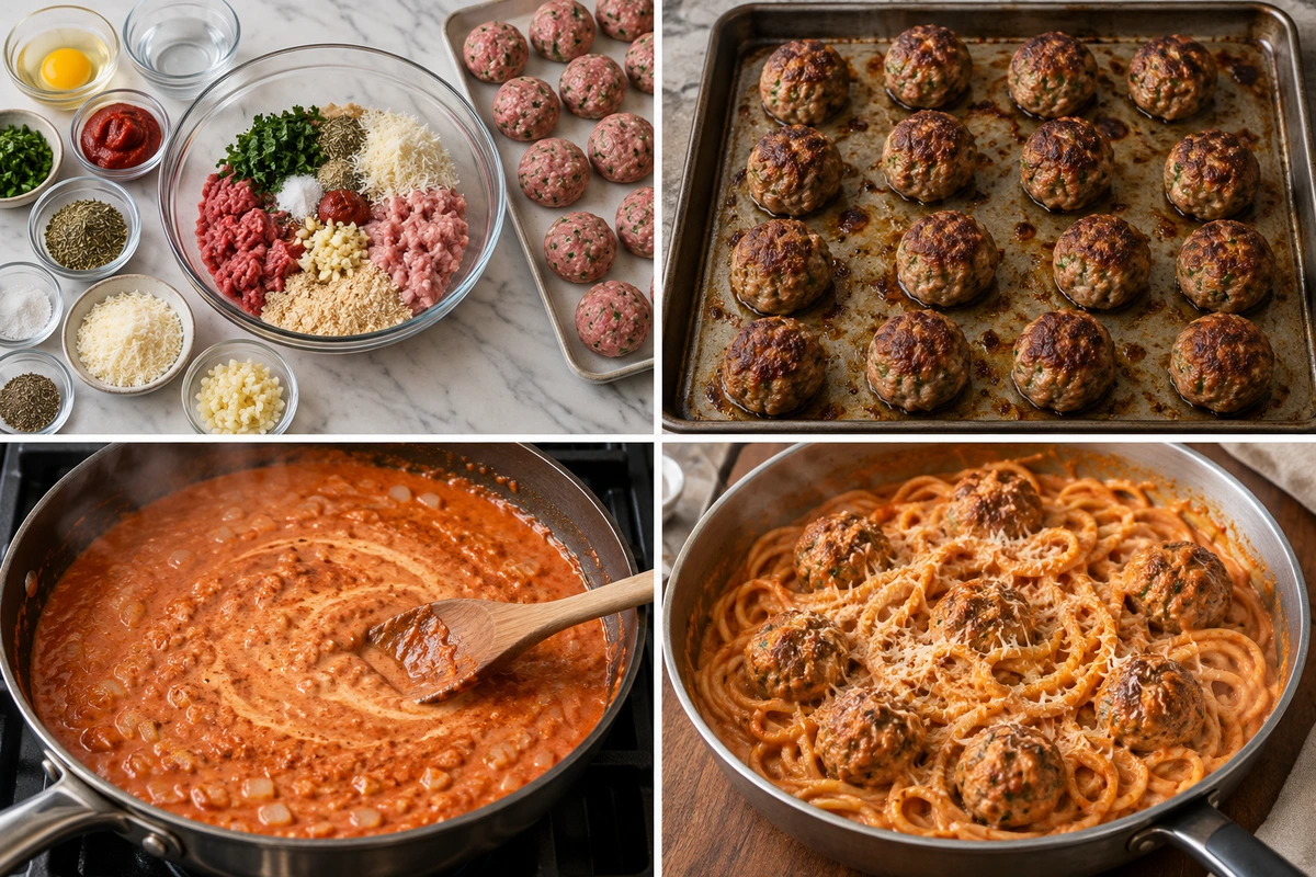 Four chronological preparation stages for Creamy Spaghetti & Meatballs