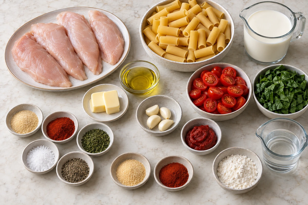 Exact measured ingredients for Easy Creamy Tuscan Chicken Pasta
