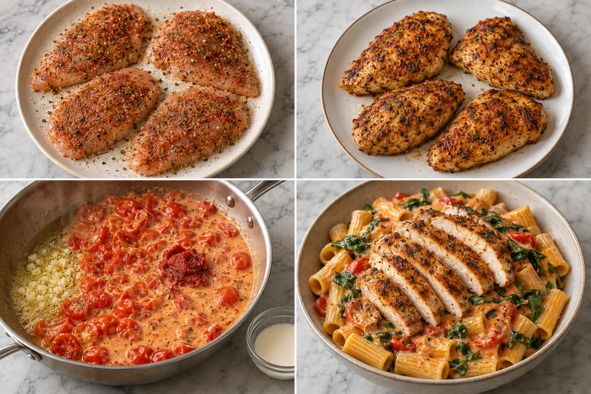 Four chronological preparation stages for Easy Creamy Tuscan Chicken Pasta