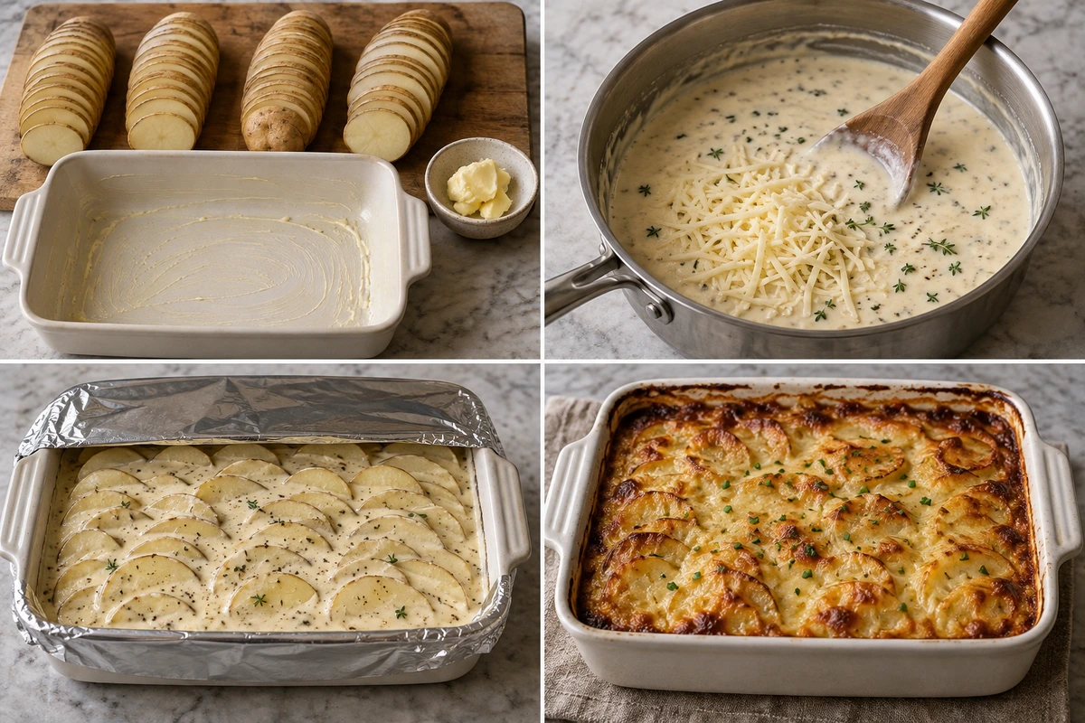 Four chronological preparation stages for Easy Potatoes au Gratin