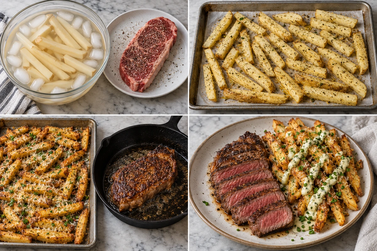 Four chronological preparation stages for Garlic Parmesan Steak Fries