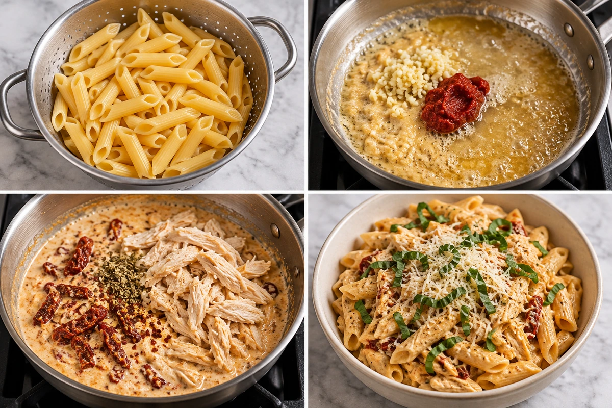 Four chronological preparation stages for Marry Me Chicken Pasta Recipe