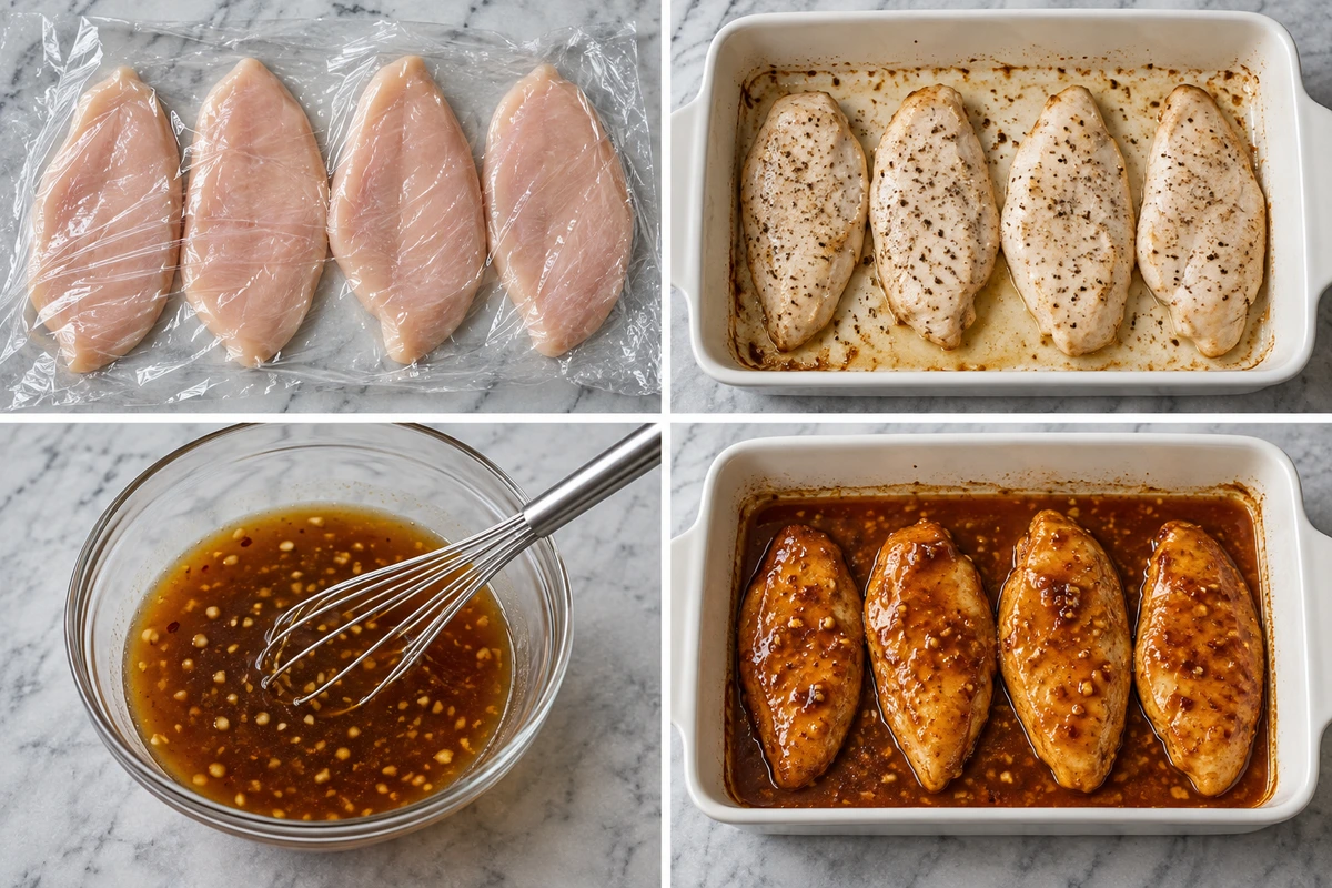 Four chronological preparation stages for Baked Honey Garlic Chicken
