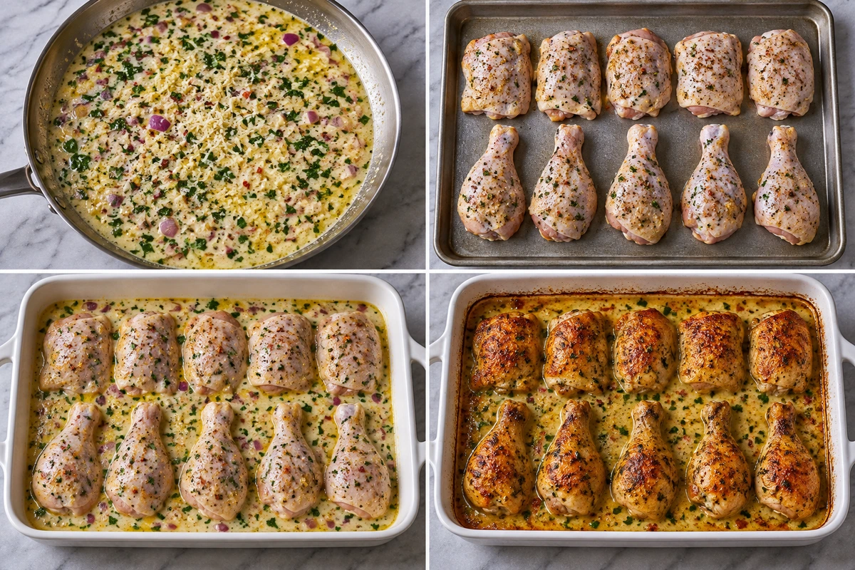 Four chronological preparation stages for Baked Lemon Butter Chicken