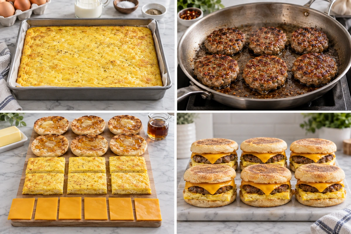Four chronological preparation stages for Freezer Breakfast Sandwiches
