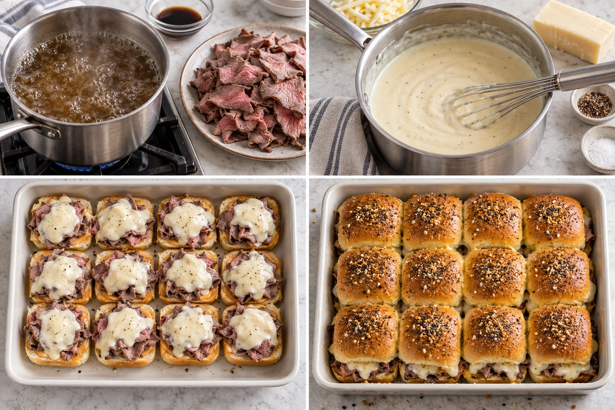 Four chronological preparation stages for Roast Beef & Cheddar Sliders