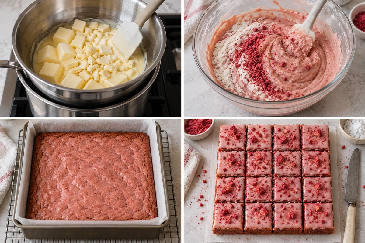 Four chronological preparation stages for Strawberry Brownies