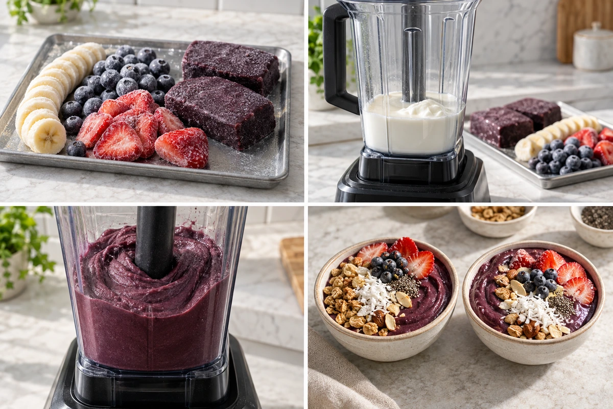 Four chronological preparation stages for Acai Bowl