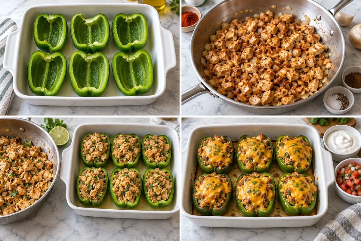 Four chronological preparation stages for Chicken Stuffed Peppers