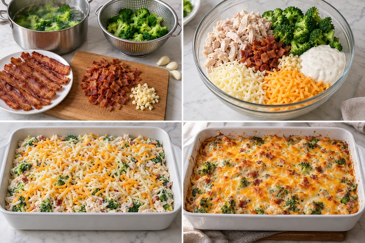 Four chronological preparation stages for Low-Carb Chicken Casserole