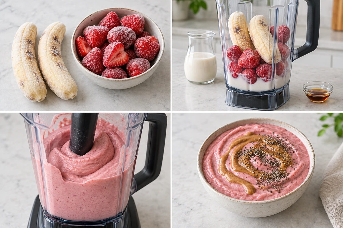Four chronological preparation stages for Strawberry Banana Smoothie Bowl