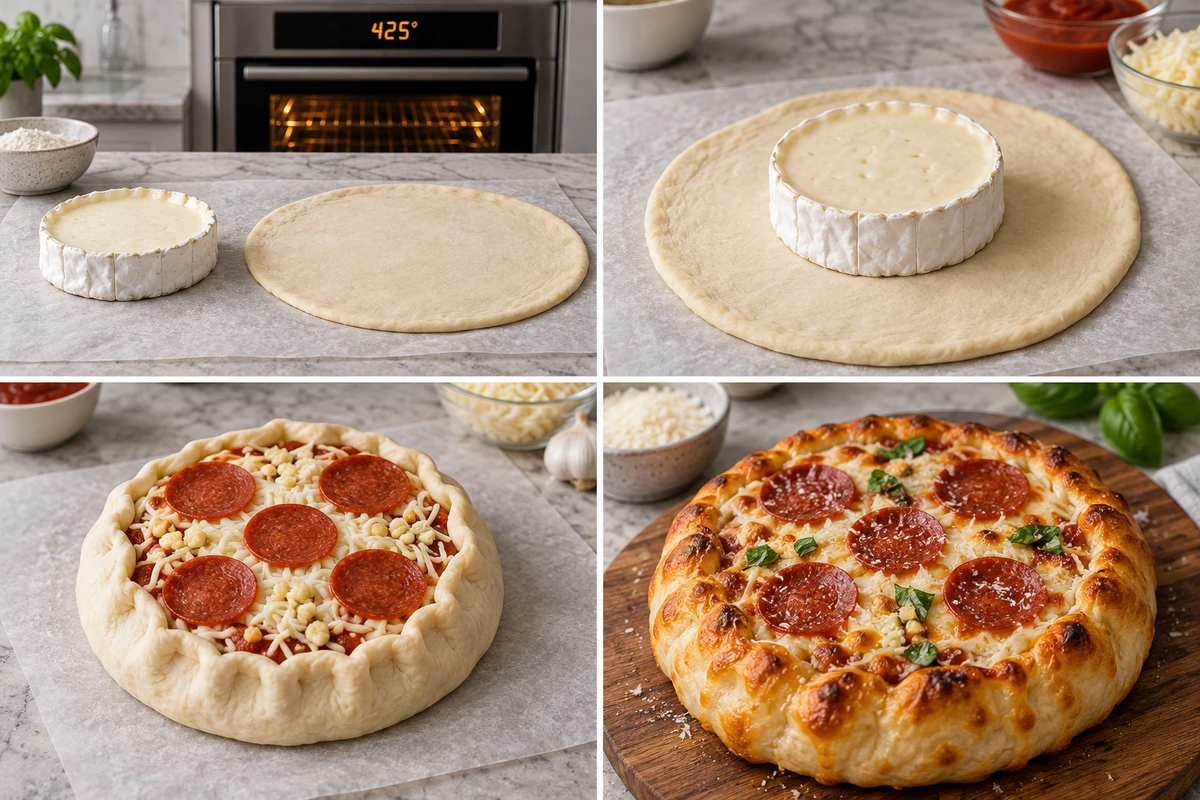 Four chronological preparation stages for Stuffed Brie Cheese Pizza