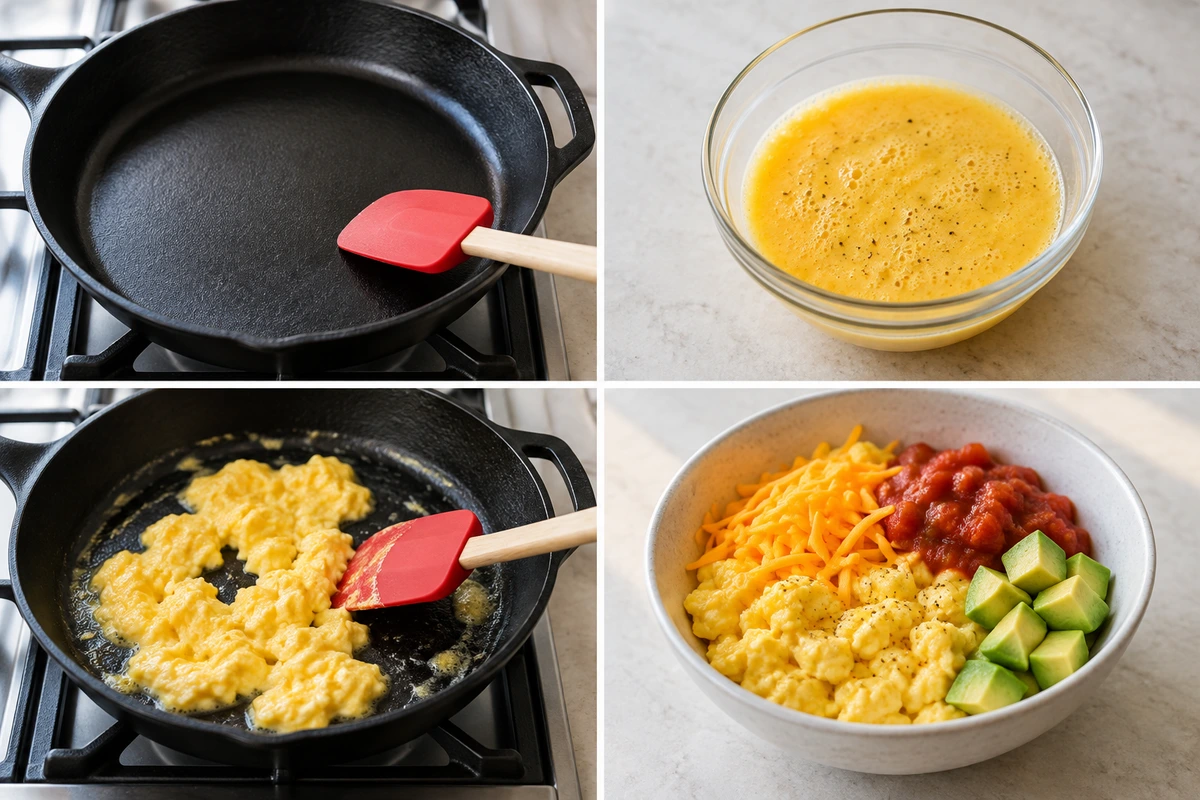 Four chronological preparation stages for Breakfast Burrito Bowl