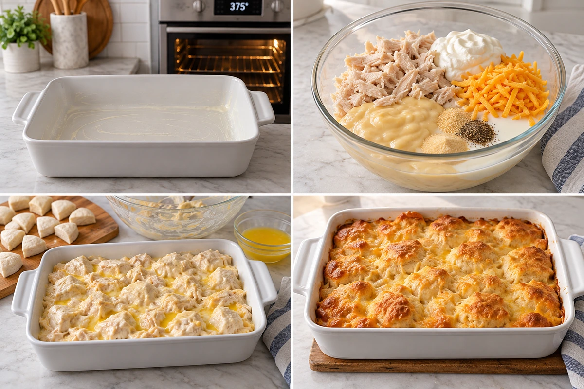 Four chronological preparation stages for Chicken Biscuit Casserole