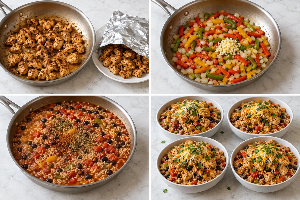 Four chronological preparation stages for Chicken Fajita Rice Bowls